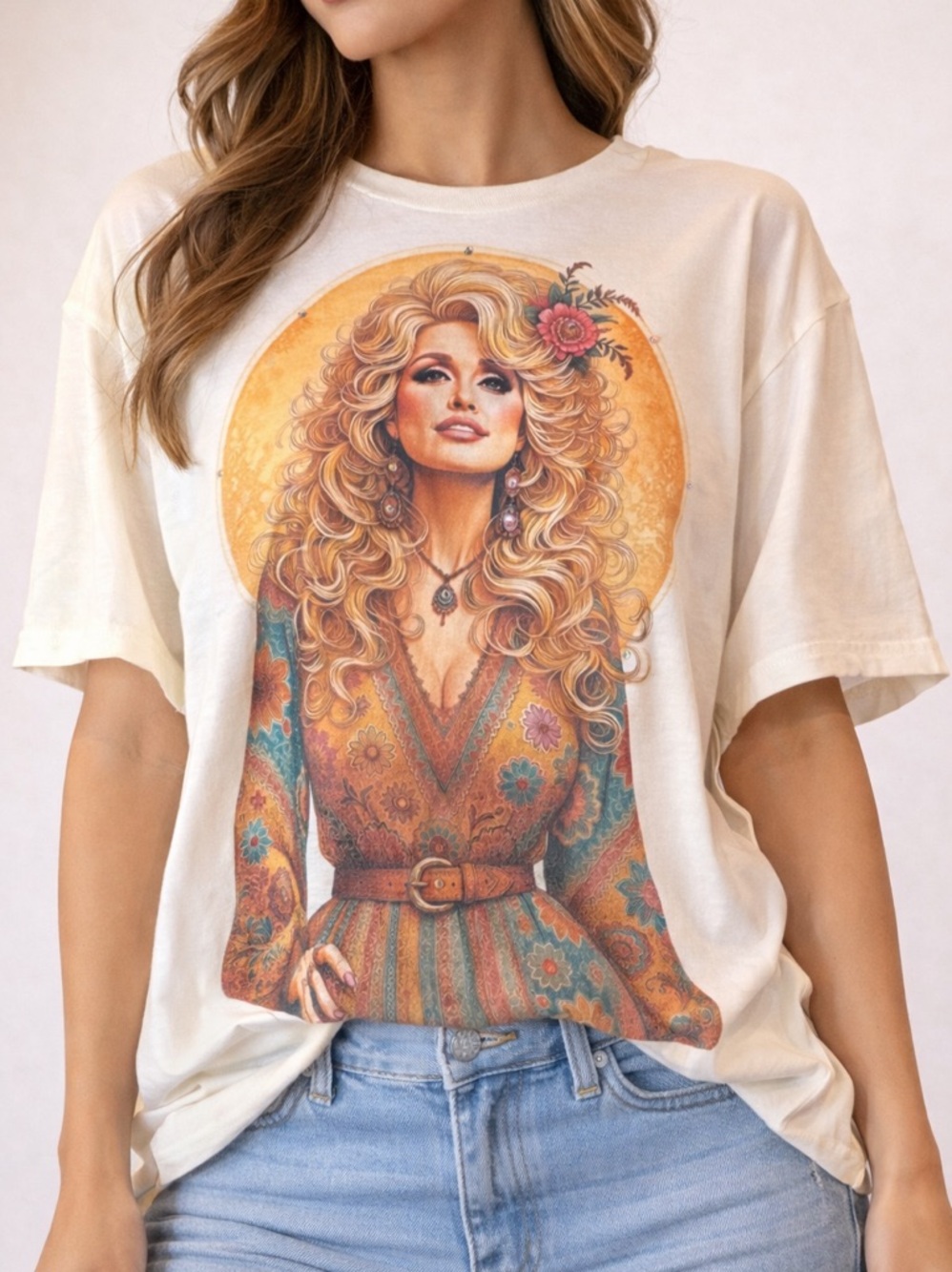White GraphicBlinged Short-Sleeve Tee with Retro Floral Dolly Portrait - Picture 3 of 5
